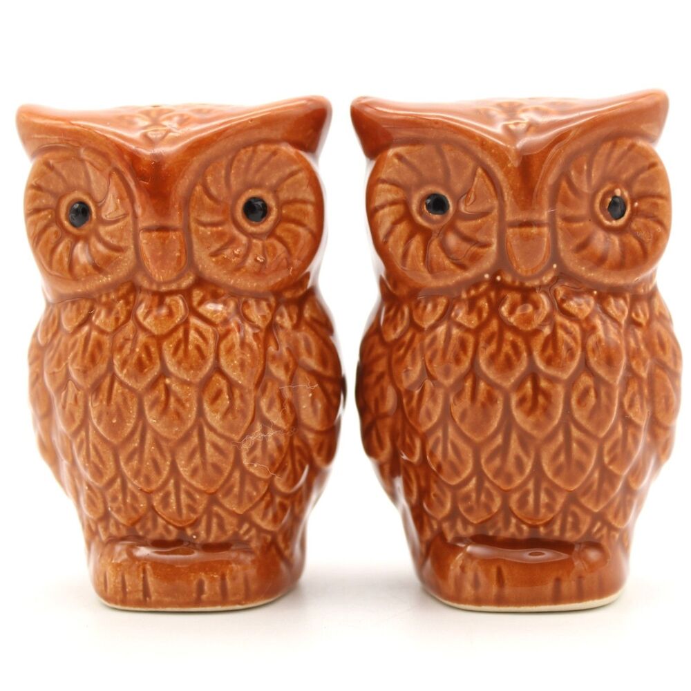Retro Vintage Brown Owl Salt & Pepper Shakers Kitchen Decor With Stoppers